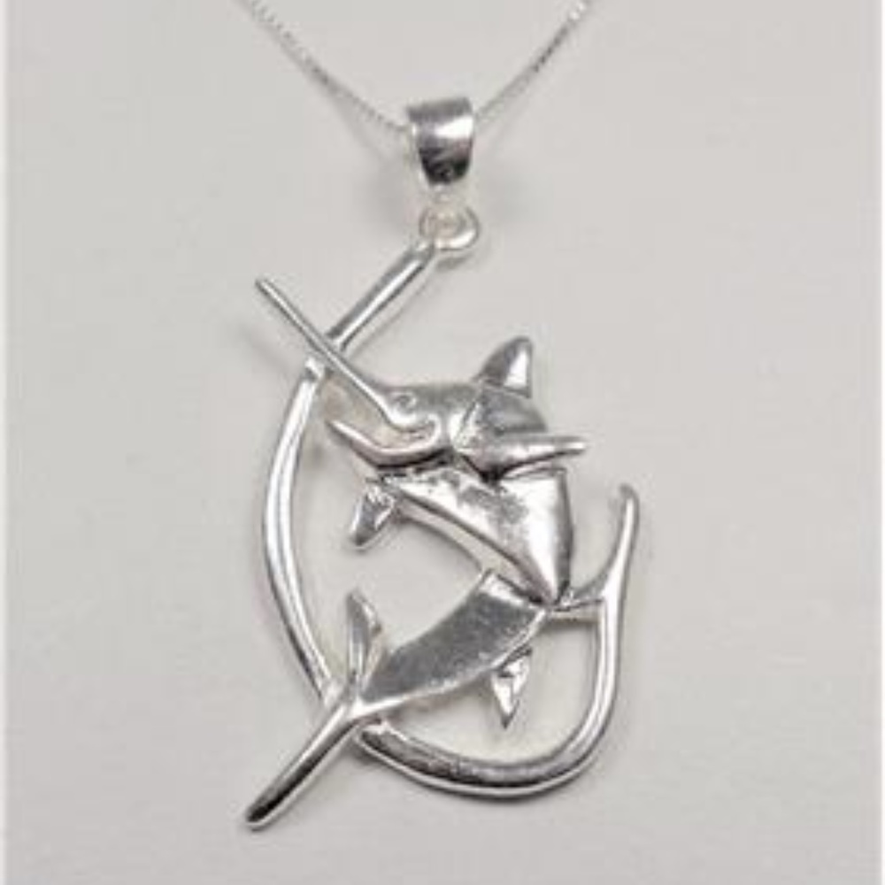 STERLING SILVER BLUE MARLIN FISH HOOK NECKLACE